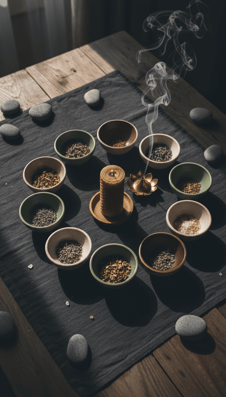Ritual workspace with herbs and crystals arranged in a circle