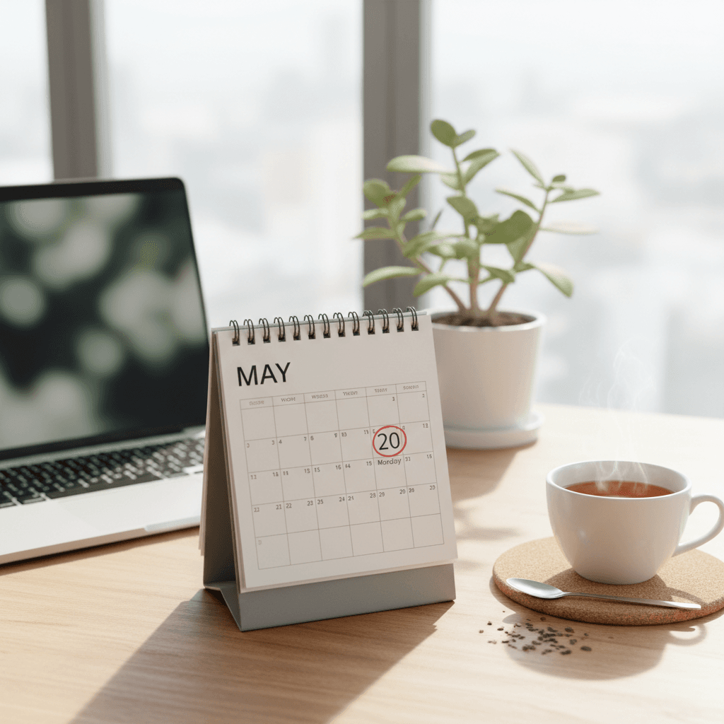 Calendar on a desk with a laptop and a cup of tea in natural light