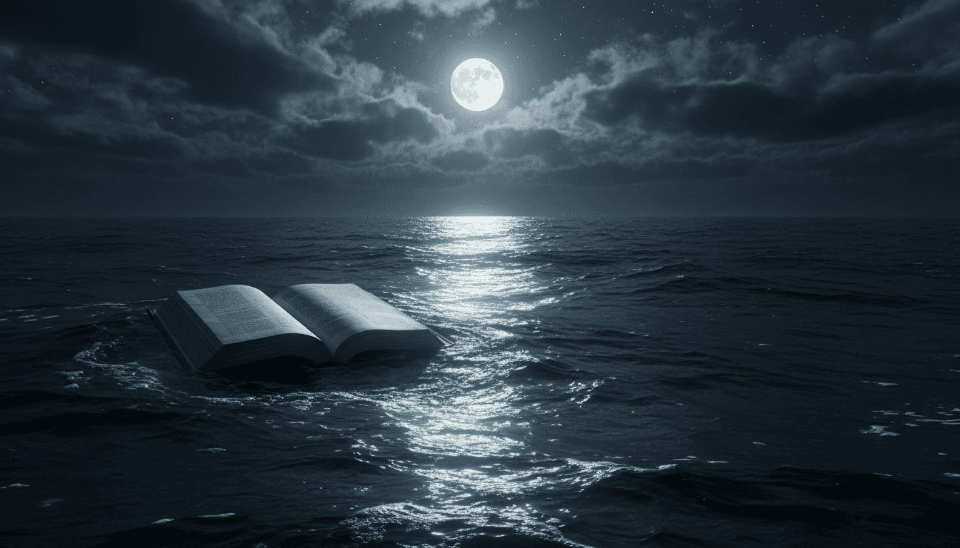 Open book resting on a dark ocean surface under moonlight