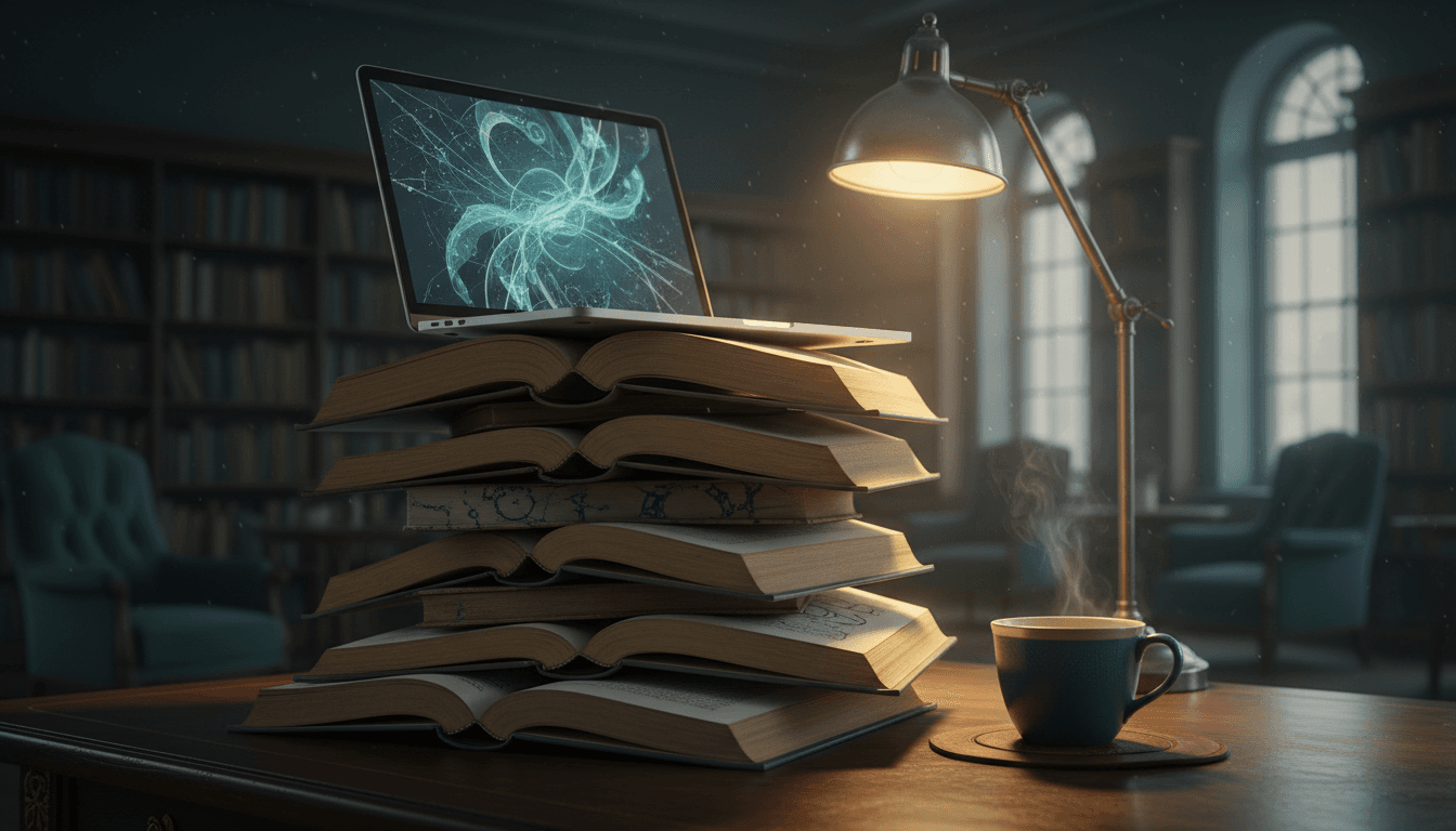 Open books and a laptop on a dark wooden desk in a moody library, teal and silver tones, warm reading light