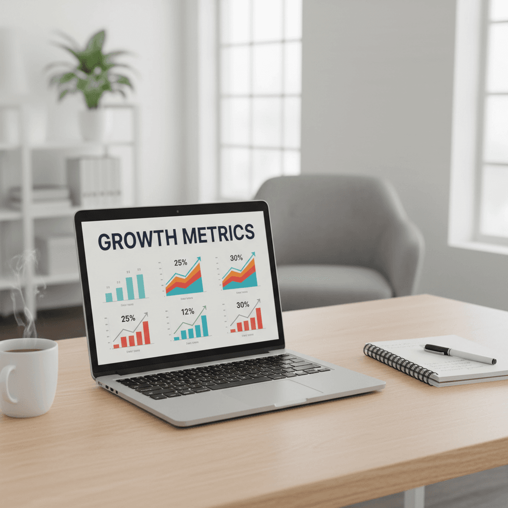 Laptop showing marketing analytics beside a notebook and pen