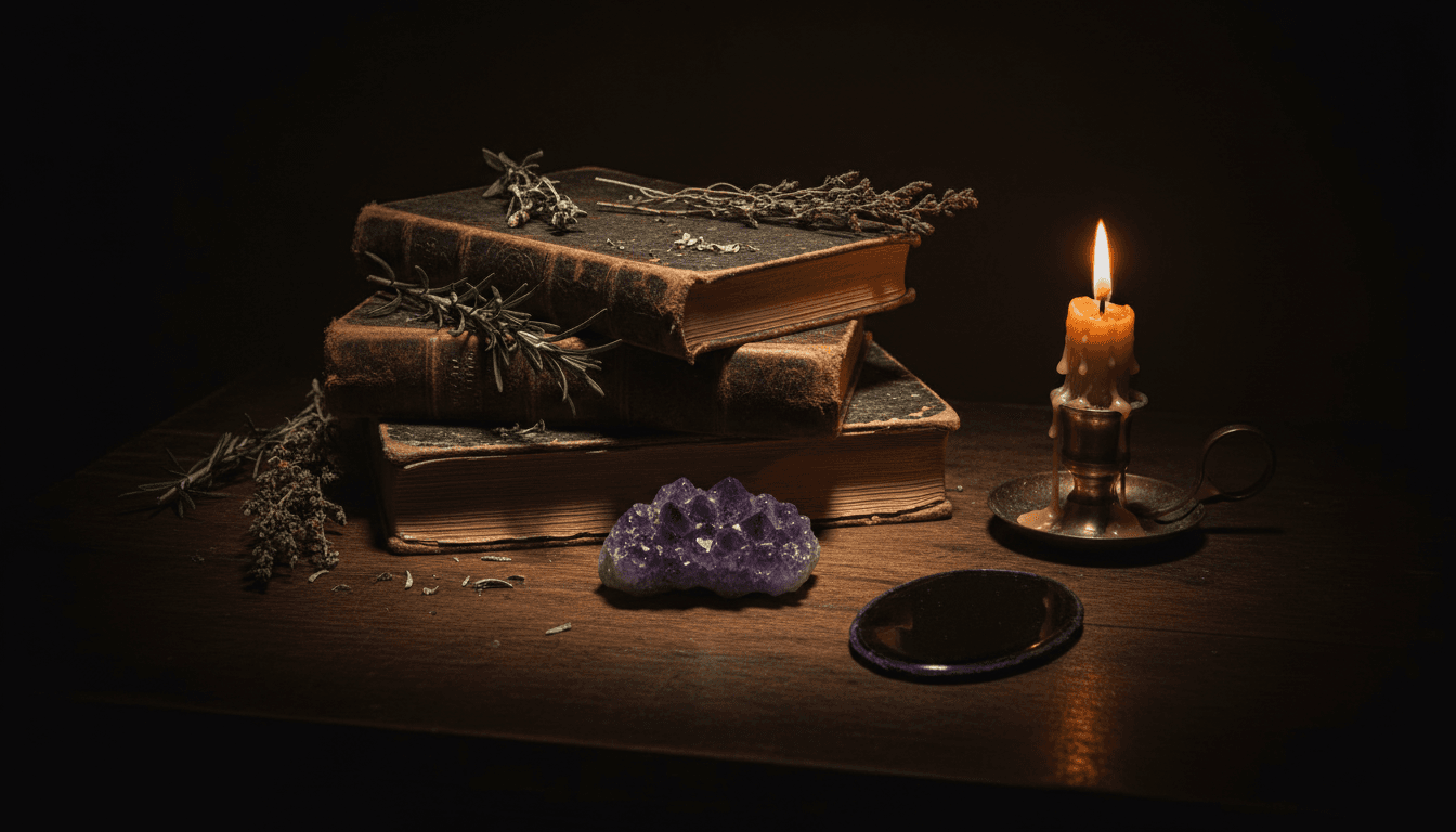 Leather-bound books with dried herbs and a lit candle on a dark wooden desk