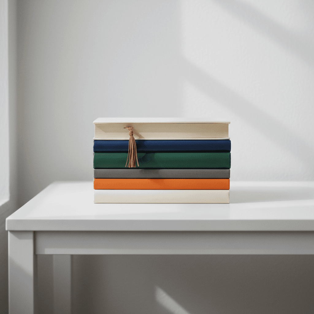 Neat stack of books with a bookmark on a clean table