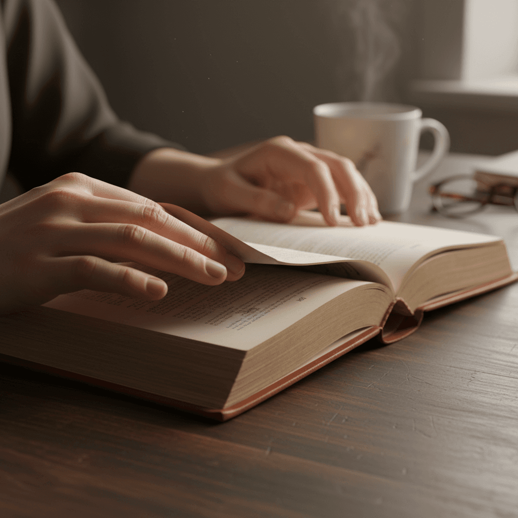 Hands flipping through pages of an open book on a wooden desk
