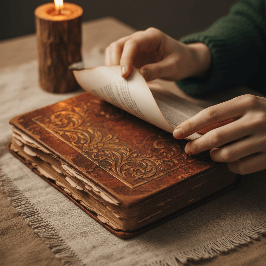 Hands turning pages of a vintage book