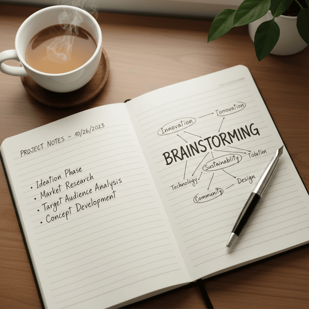 Open notebook with handwritten notes and a pen next to a coffee cup