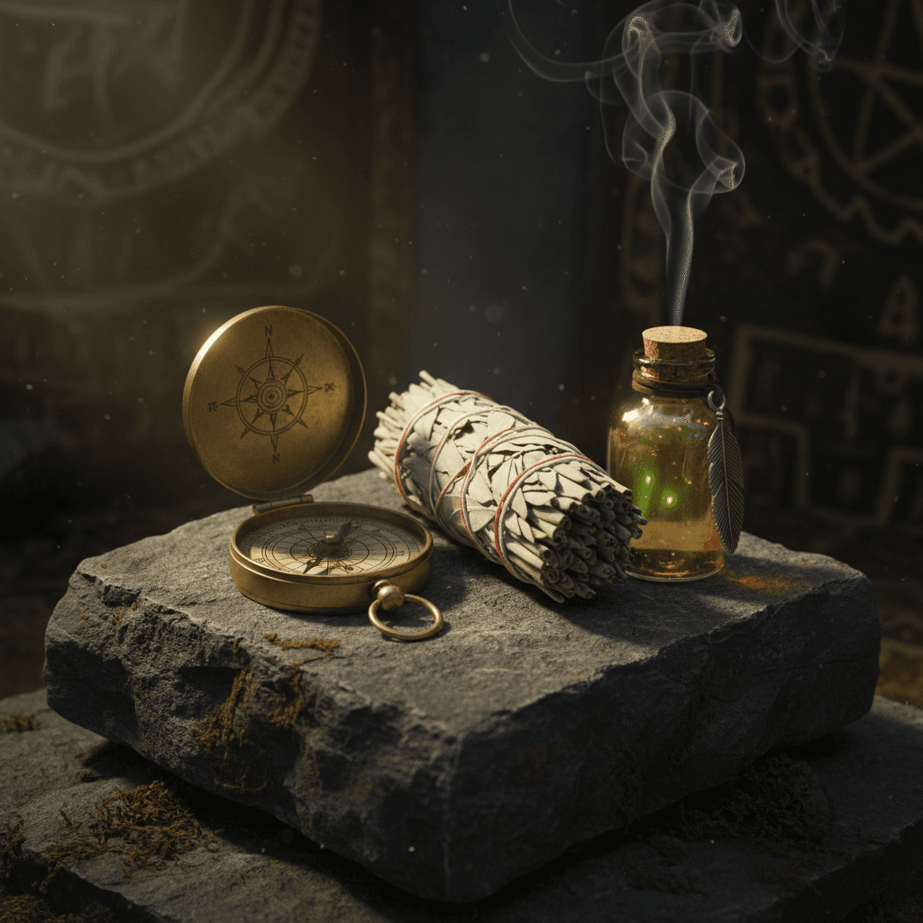 Mystical tools arranged on stone altar