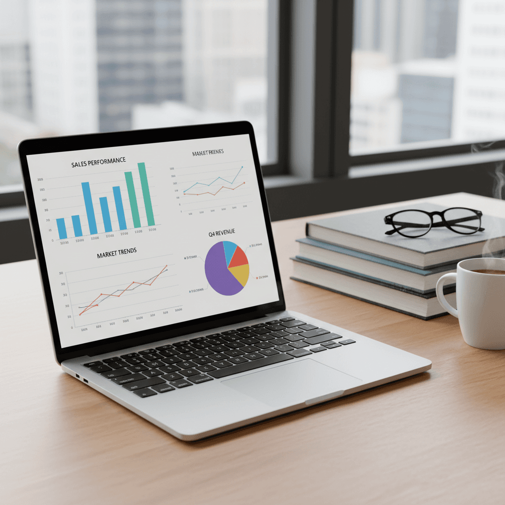 Laptop showing analytics graphs next to a stack of books on a desk