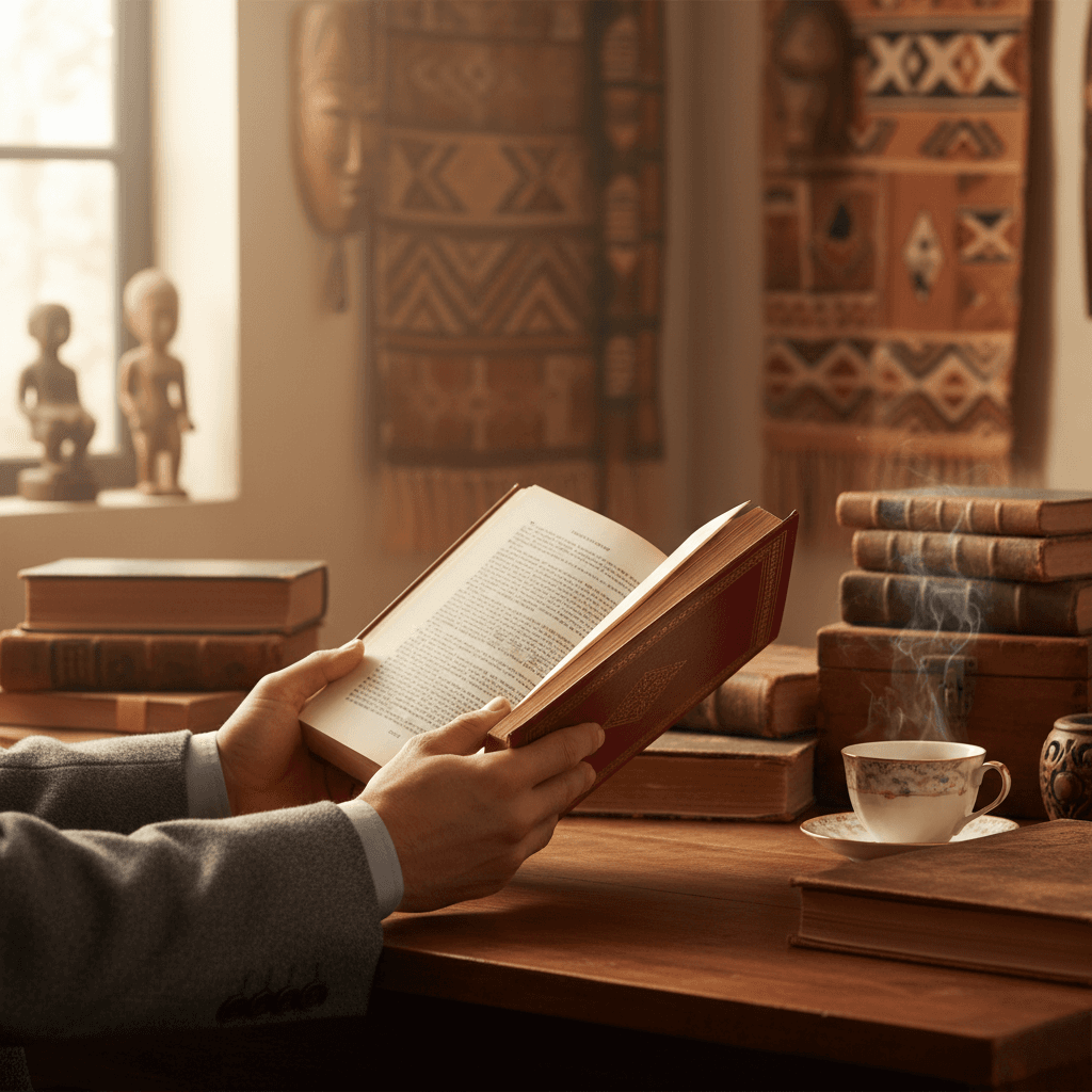 Open ebooks on a tablet screen casting soft light on a wooden desk