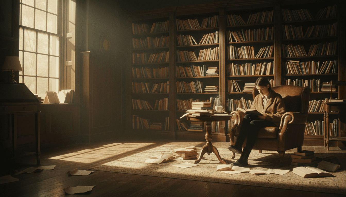 A quiet reading corner in a home library with warm light and bookshelves