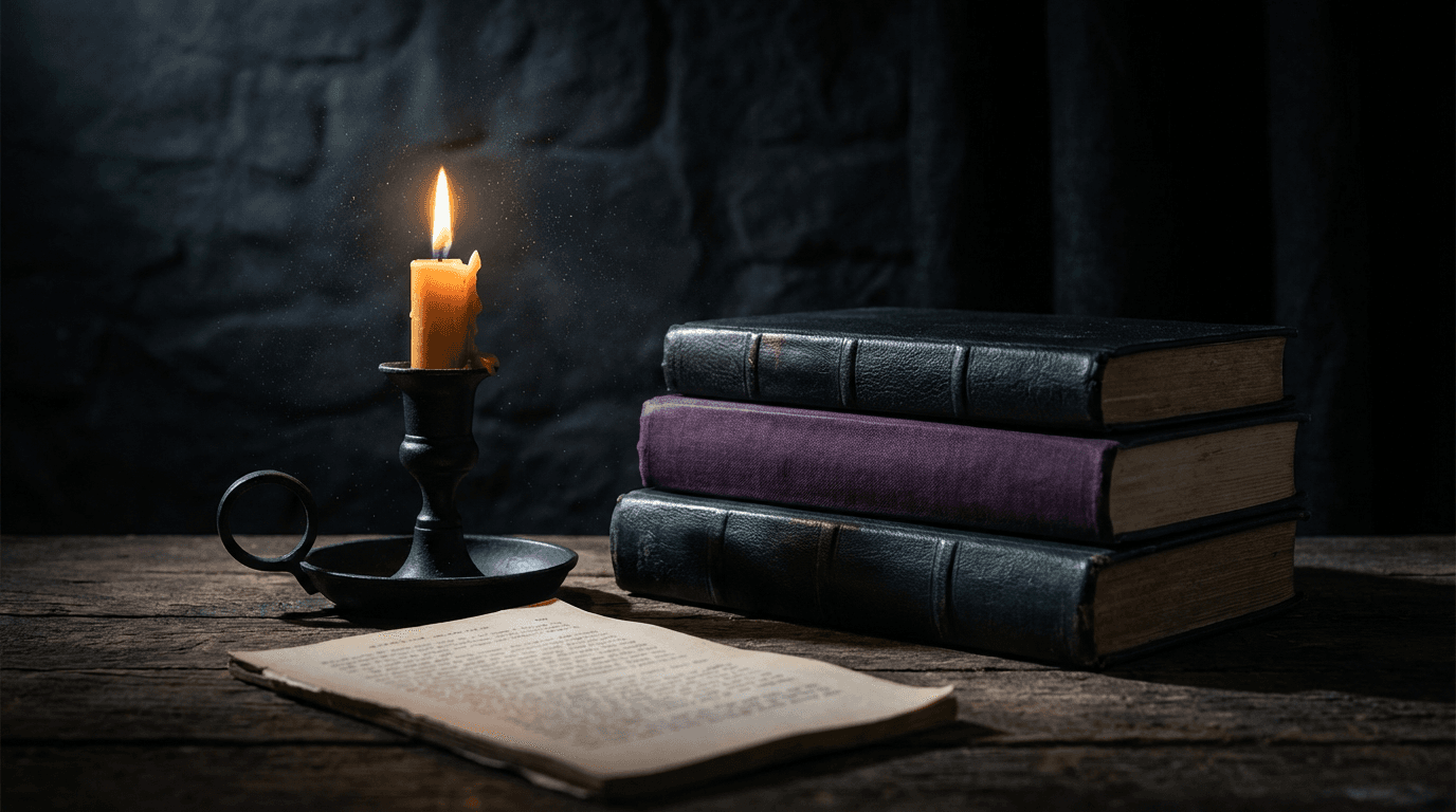 Candlelit bookshelf with old leather-bound books in a dim home library