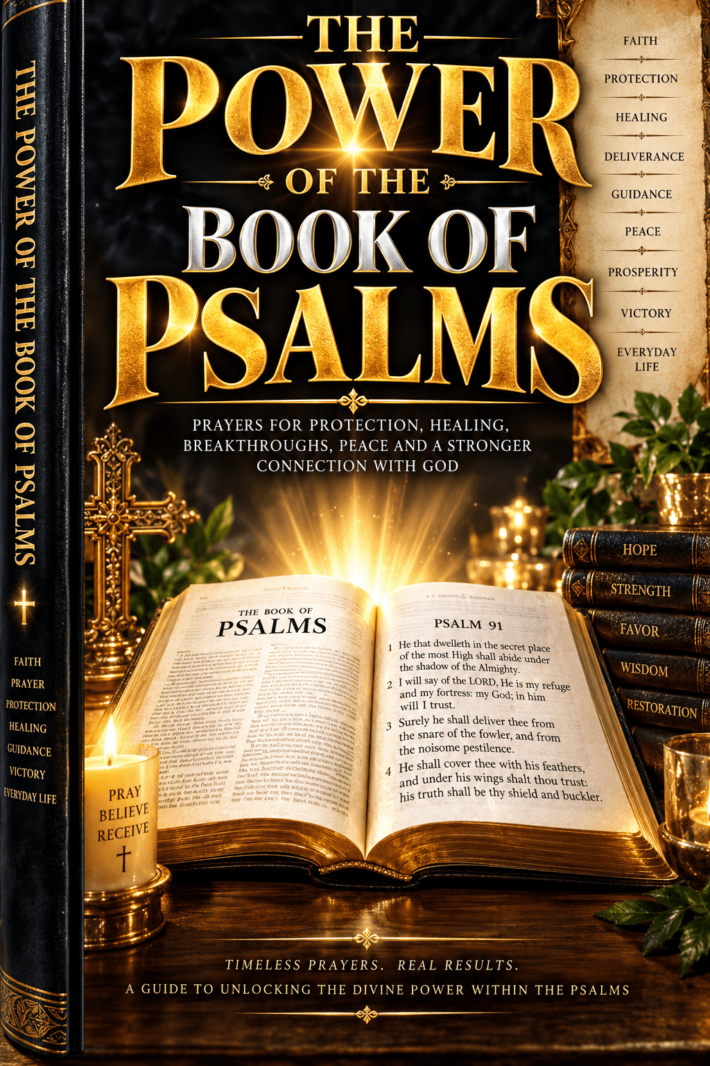"The Power of the Book of Psalms" book cover featuring a glowing, illuminated open Bible.