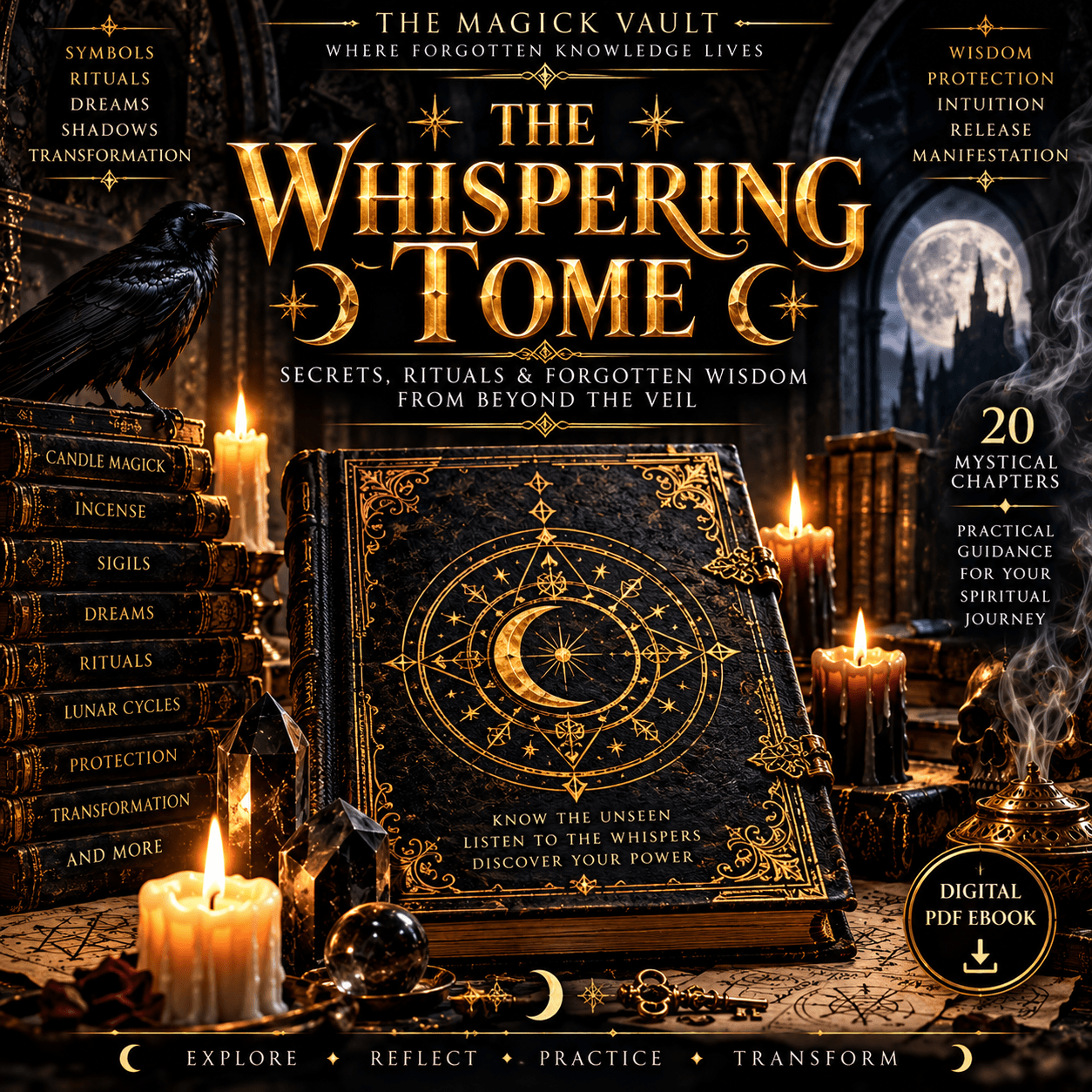 Ornate black book with gold celestial symbols, surrounded by glowing candles, crystals, and a raven.