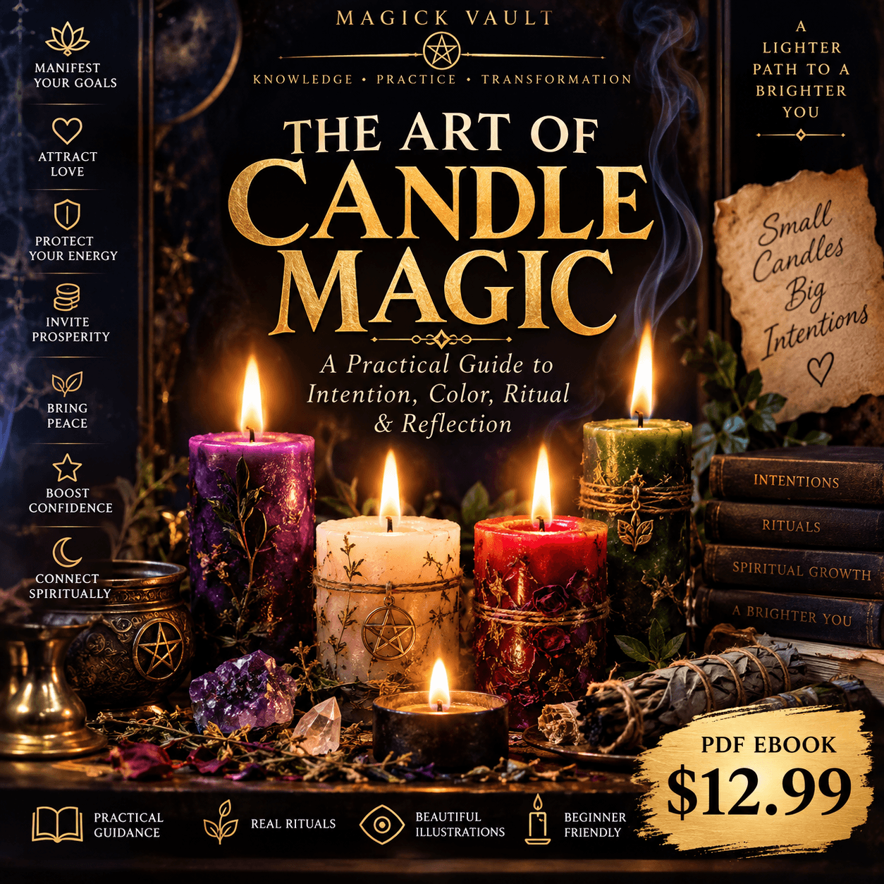 "The Art of Candle Magic" ebook cover featuring decorated lit candles, crystals, and ritual herbs.
