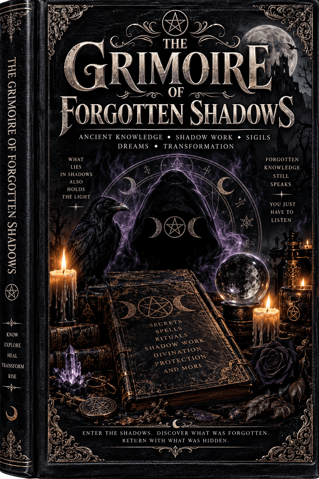 "The Grimoire of Forgotten Shadows" book cover featuring a hooded figure, raven, and occult symbols.