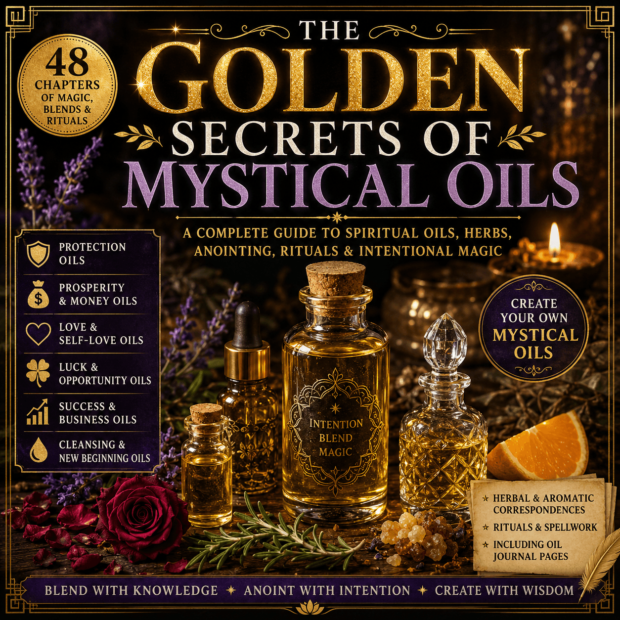 Promotional graphic for The Golden Secrets of Mystical Oils featuring glass bottles and botanicals.