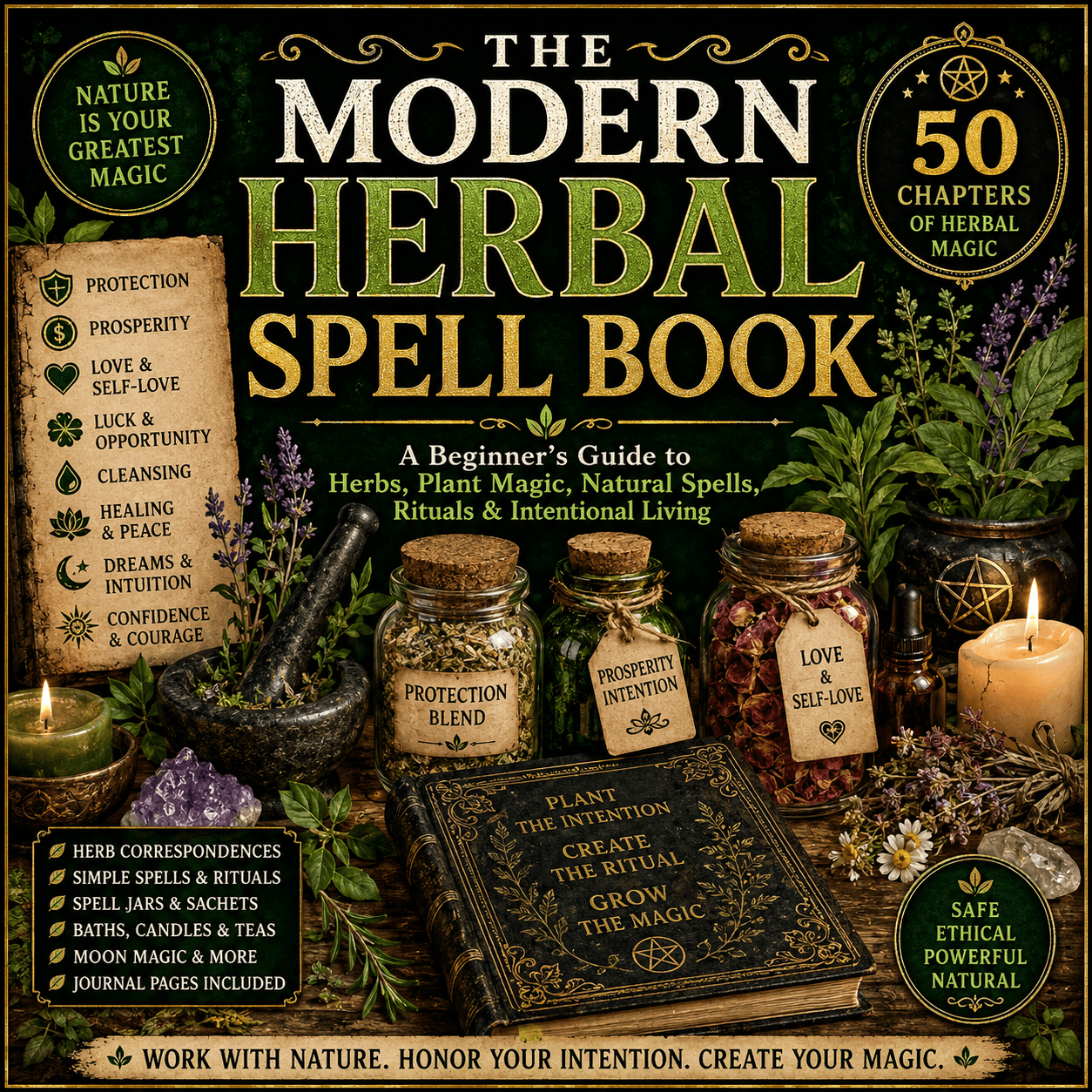 The Modern Herbal Spell Book cover featuring jars of herbs, candles, and mystical botanical items.