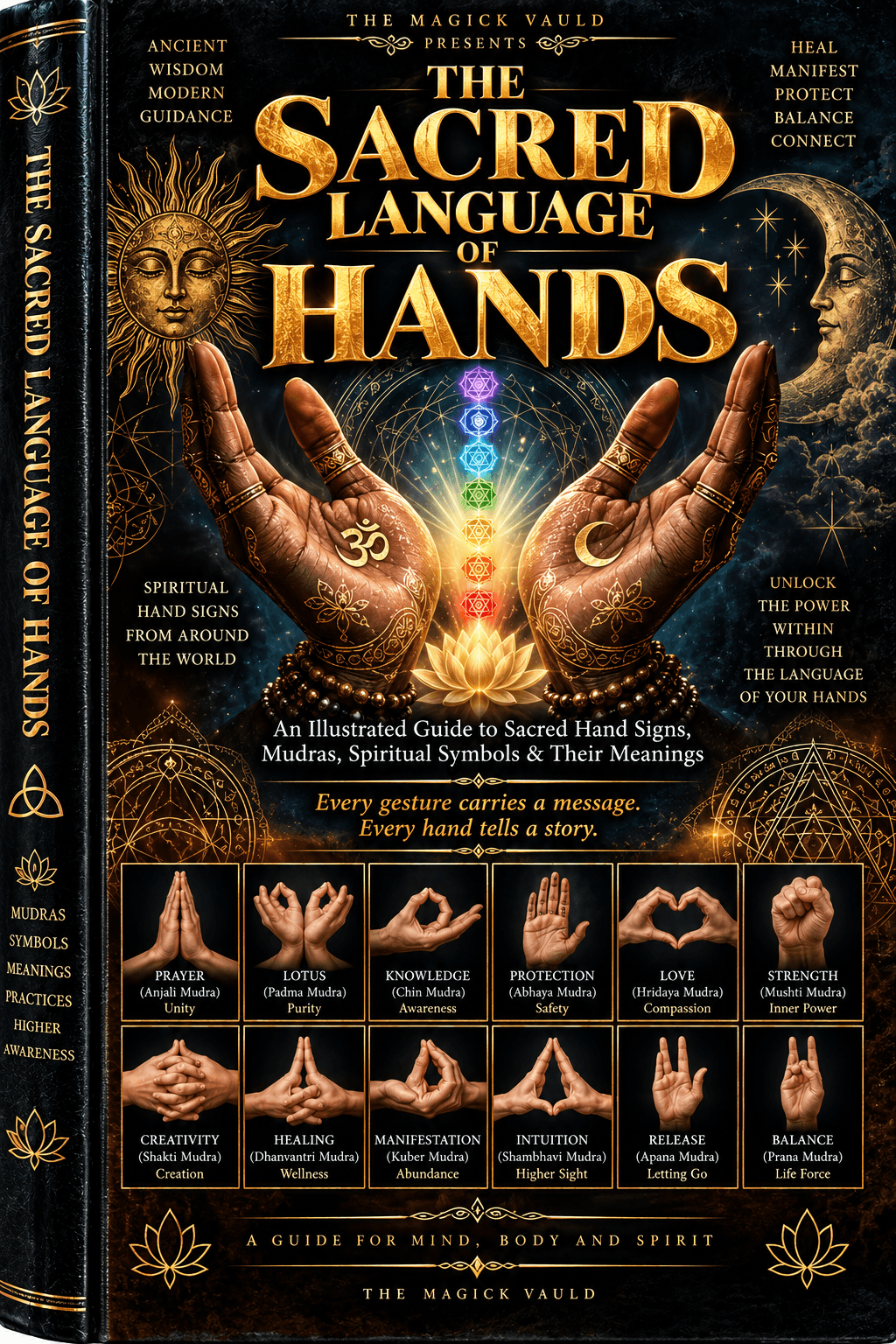 Book cover for "The Sacred Language of Hands" featuring spiritual mudras, chakras, and celestial symbols.