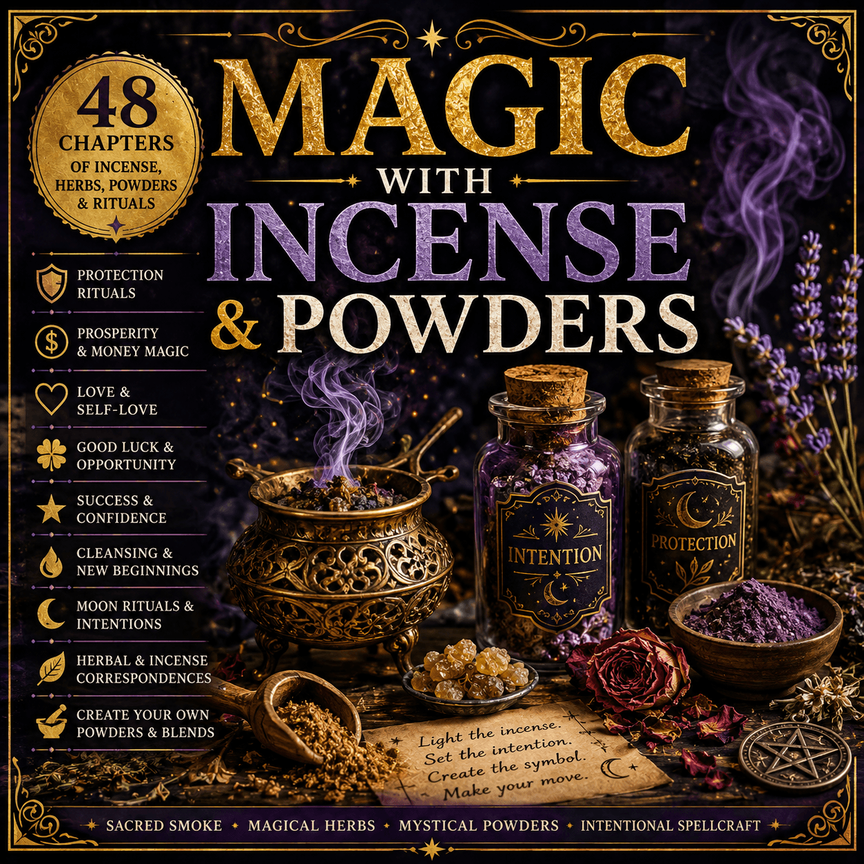 Promotional graphic for 'Magic with Incense & Powders' featuring ritual jars, herbs, and smoking censer.