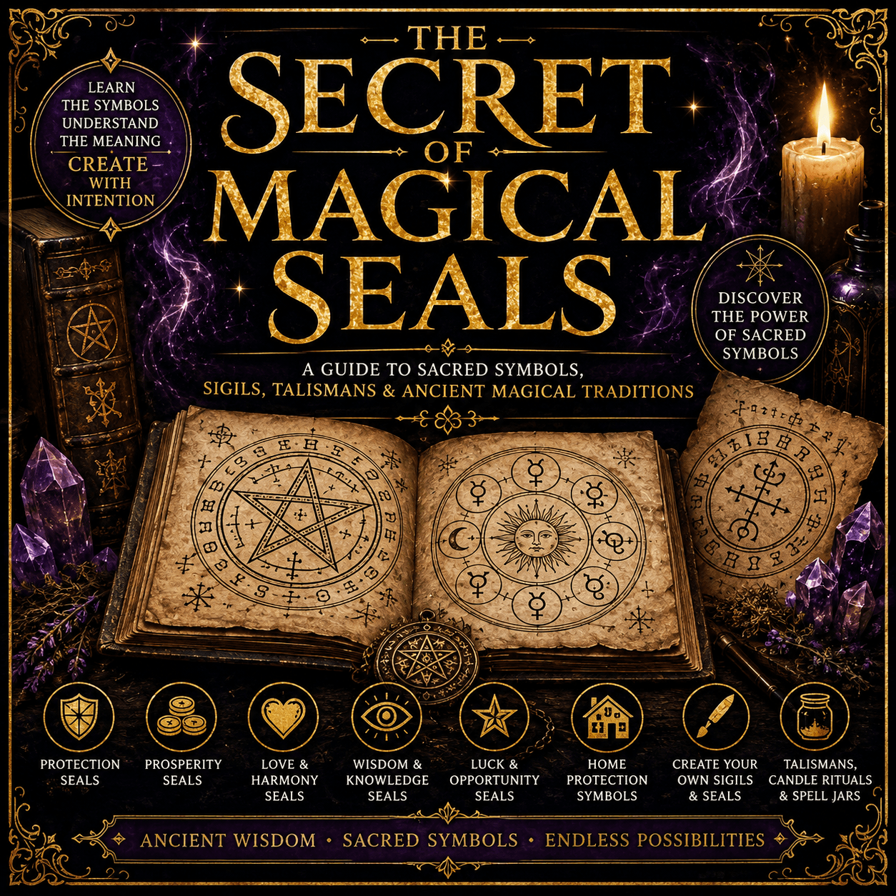"The Secret of Magical Seals" book cover featuring an open grimoire and mystical purple crystals.