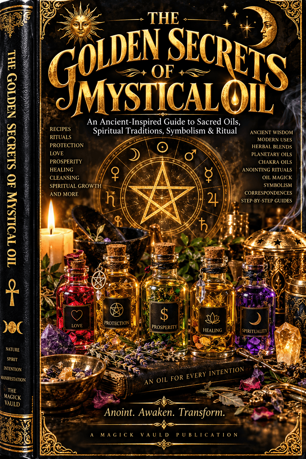 The Golden Secrets of Mystical Oil book cover with colorful labeled bottles and occult symbols.