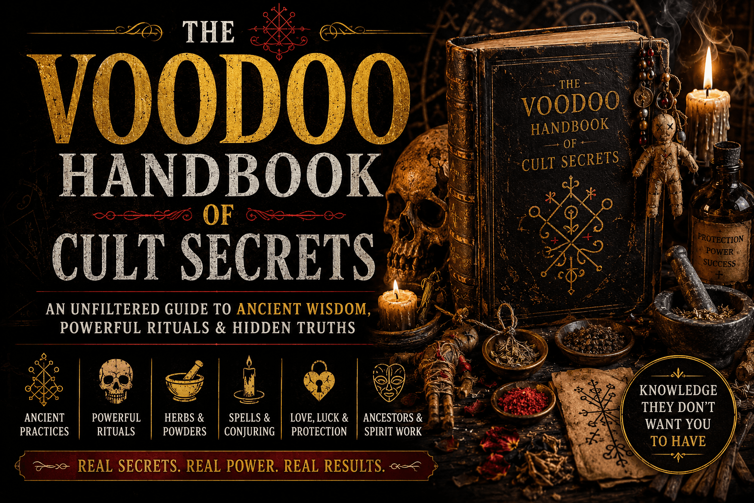Dark promotional graphic for The Voodoo Handbook of Cult Secrets with mystical ritual artifacts.